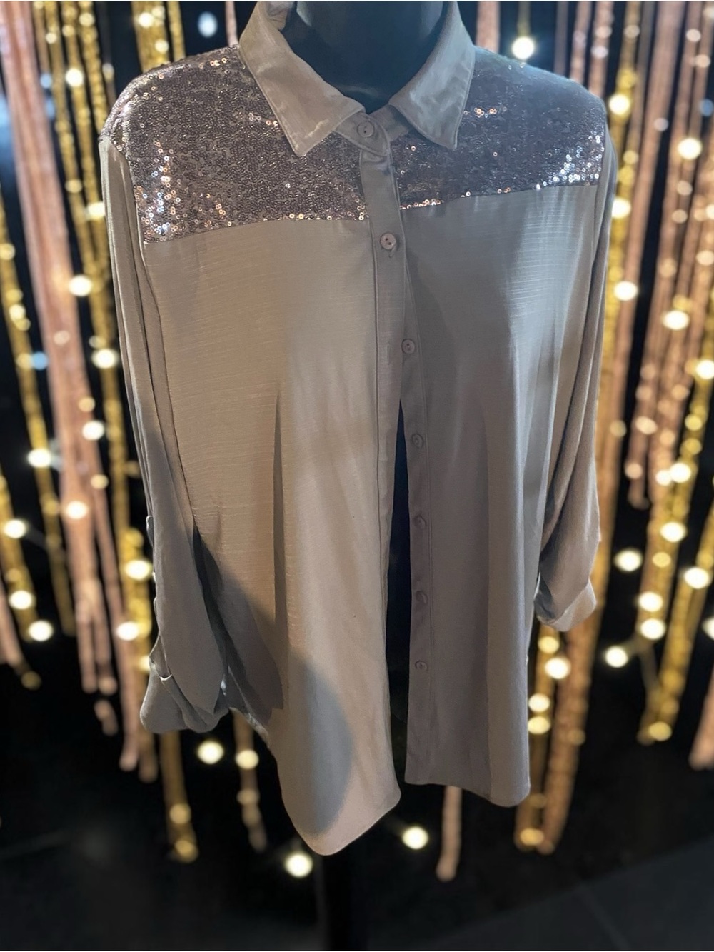 Sequined Yoke Button-Down Shirt - Silver & Gray